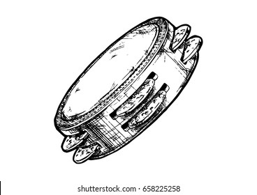 Vector hand drawn illustration of riq (type of tambourine) in vintage engraved style. Traditional instrument in Arabic music. isolated on white background.