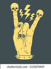 Vector hand drawn illustration of rock hand with human skulls on fingers . Template for card, poster. banner, print for t-shirt, pin, badge, patch.