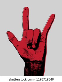 Vector hand drawn illustration of rock hand . Template for card, poster, banner, print for t-shirt, pin, badge, patch.