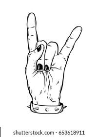 Vector hand drawn illustration of rock hand with bracelet with studs. Tattoo artwork. Template for card, poster, banner, print for t-shirt.