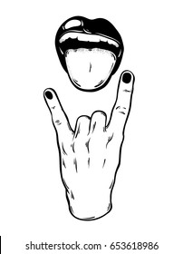 Vector hand drawn illustration of rock hand with mouth and tongue. Tattoo artwork. Template for card, poster, banner, print for t-shirt.