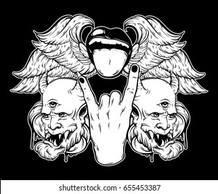 Vector hand drawn illustration of rock hand with mouth and tongue, devil and wings. Tattoo artwork. Template for card, poster, banner, print for t-shirt.