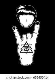 Vector hand drawn illustration of rock hand with mouth and tongue. All seeing eye pyramid symbol.  Tattoo artwork. Template for card, poster, banner, print for t-shirt.