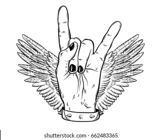 Vector hand drawn illustration of rock hand with bracelet with studs. Tattoo artwork with wings. Template for card, poster, banner, print for t-shirt.