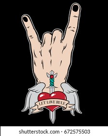Vector hand drawn illustration of rock hand .  Colorful tattoo artwork. Template for card, poster, banner, print for t-shirt .