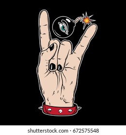 Vector hand drawn illustration of rock hand with bracelet.  Tattoo artwork. Template for card, poster, banner, print for t-shirt .