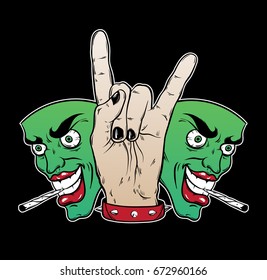 Vector hand drawn illustration  with rock hand and face with joint. Colorful tattoo artwork. Template for card, poster, banner, print for t-shirt.
