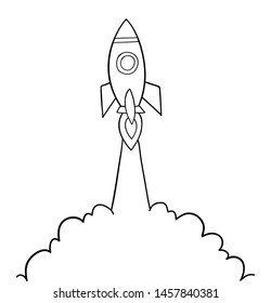 Vector hand drawn illustration of rocket is flying. Black outlines and white background.