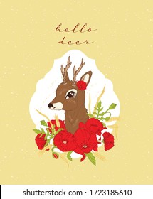 Vector hand drawn illustration of a roe deer portrait with poppy flowers and wheat in frame