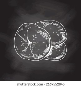 Vector hand drawn illustration of roll, bun. White sketch isolated on black chalkboard.  Sketch icon and bakery element for print, web, mobile and infographics.