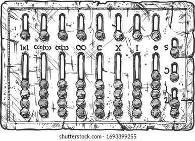 Vector hand drawn illustration of Roman abacus in vintage engraved style. Isolated on white background.