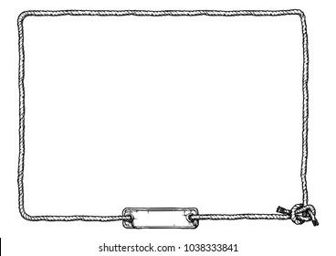 Vector Hand Drawn Illustration Of Rope Knot Frame With Board And Bowline Knot In Vintage Engraved Style.