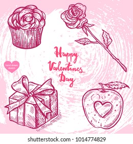 Vector hand drawn illustration of rose, cupcake, gift box, apple, text Happy Valentines Day on background with abstract paper texture.Valentines dinner food sketch.Linear art in vintage style 
