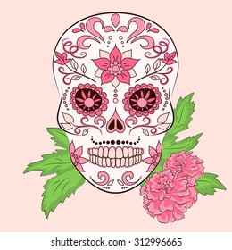 Vector hand drawn illustration of rose ornamental skull with mustache for day of dead.