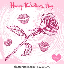 Vector hand drawn illustration of rose, lips tracks,text Happy Valentines Day on background with abstract paper texture.Valentines flower, kisses tracks sketch.Linear art in vintage style for design.