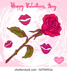 Vector hand drawn illustration of rose,lips tracks,text Happy Valentines Day on background with abstract paper texture.Valentines flower, kisses tracks sketch.Linear art in vintage style for design.