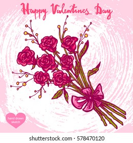 Vector hand drawn illustration of roses bouquet, text Happy Valentines Day on background with abstract paper texture.Valentines flowers, bouquet of roses, sketch.Linear art in vintage style for design