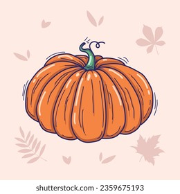 Vector hand drawn illustration of round pumpkin in doodle style isolated on a light background with autumn leaves