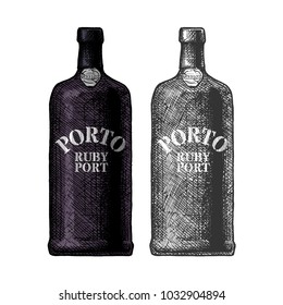 Vector hand drawn illustration of ruby port wine bottles in vintage engraved style. Color and black-and-white versions.