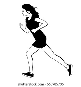 Vector hand drawn illustration of running girl made in realistic sketch style. Profile of female runner.  Template for card, poster, banner, print for t-shirt.