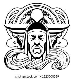 Vector hand drawn illustration of sad male mask with closed eyes isolated. Creative tattoo artwork. emplate for card, poster. banner, print for t-shirt, pin, badge, patch.