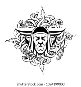 Vector hand drawn illustration of sad male mask with bunch of snakes isolated. Creative tattoo artwork. emplate for card, poster. banner, print for t-shirt, pin, badge, patch.