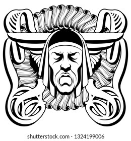 Vector hand drawn illustration of sad male mask with closed eyes isolated. Creative tattoo artwork. emplate for card, poster. banner, print for t-shirt, pin, badge, patch.