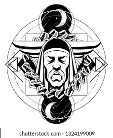 Vector hand drawn illustration of sad male mask with closed eyes isolated. Creative tattoo artwork. emplate for card, poster. banner, print for t-shirt, pin, badge, patch.