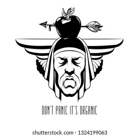 Vector hand drawn illustration of sad male mask with apple isolated. Creative tattoo artwork. emplate for card, poster. banner, print for t-shirt, pin, badge, patch.