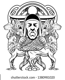 Vector hand drawn illustration of sad mask of man with hippogriff isolated. Surrealistic tattoo artwork. Template for card, poster. banner, print for t-shirt, pin, badge, patch.
