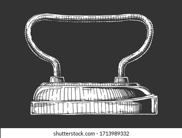 Vector hand drawn illustration of sad iron. Isolated on black background. Side view.