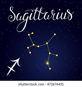 Vector hand drawn illustration of Sagittarius with lettering Astrology latin names, Horoscope Constellation and Zodiac sign on space background. Calligraphic inscription.