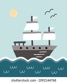 Ilustración de vectores dibujada a mano con velero en el mar con velas blancas. Concepto de viajes, vacaciones y viajes al estilo de las caricaturas. Afiche lindo para los niños. 