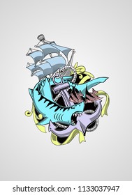 Vector hand drawn illustration of sailor tattoo with shark.