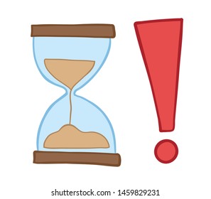 Vector hand drawn illustration of sand watch with exclamation mark. Colored outlines and colored.