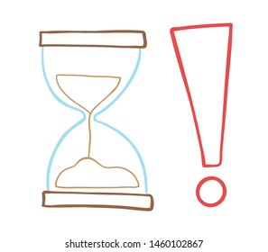 Vector hand drawn illustration of sand watch with exclamation mark. Colored outlines and white background.