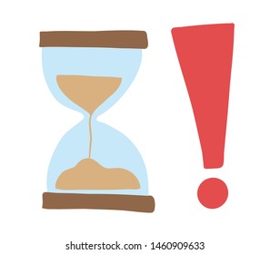 Vector hand drawn illustration of sand watch with exclamation mark. Colored flat style.