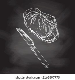 Vector hand drawn illustration of sandwich with butter and knife.   White sketch isolated on black chalkboard. Sketch icon and bakery element for print, web, mobile.