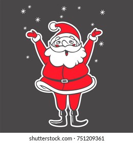 Vector hand drawn illustration of Santa Claus catching snowflakes. Christmas cartoon character raising hands up. Symbol of New Year