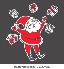 Vector hand drawn illustration of Santa Claus with boxes falling from the sky. Cute cartoon Christmas character under gifts rain. New Year symbol