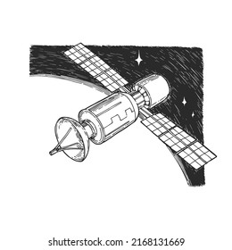 Vector hand drawn illustration of a satellite flying against the background of a planet and black space. Sketch with cosmic landscape.