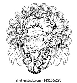 Vector hand drawn illustration of satyr with flowers isolated. Creative tattoo artwork. Template for card, poster. banner, print for t-shirt, pin, badge, patch.