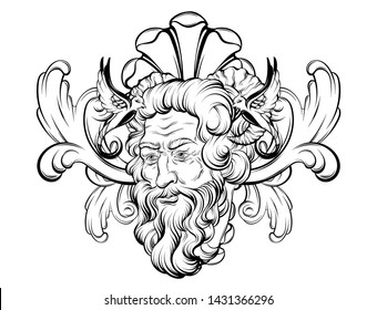 Vector hand drawn illustration of satyr with frame and birds isolated. Creative tattoo artwork. Template for card, poster. banner, print for t-shirt, pin, badge, patch.