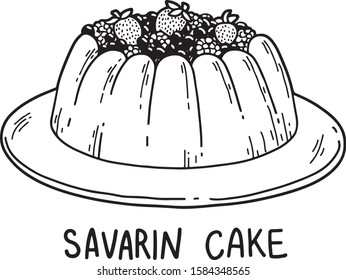 Vector hand drawn illustration of Savarin cake with berries. Traditional French dessert, flat and cartoon style, isolated on white background. For menu, restaurants, cafe, market, print design.