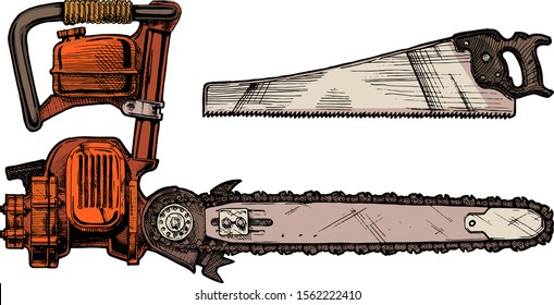 Vector hand drawn illustration of hand saw and chainsaw. Lumberjack tools.