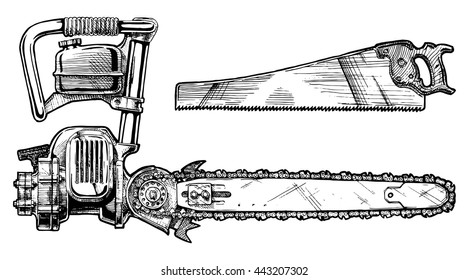 Vector hand drawn illustration of saws. Lumberjack tools.