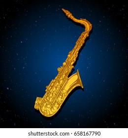 Vector hand drawn illustration of saxophone. on dark blue background.