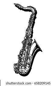 Vector hand drawn illustration of saxophone. Black and white, isolated on white.