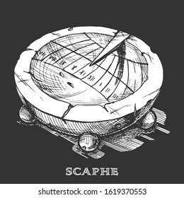 Vector hand drawn illustration of scaphe. sundial in vintage engraved style. isolated on black background.  