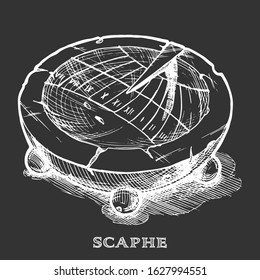 Vector hand drawn illustration of scaphe. sundial in vintage engraved style. isolated on black background.  
